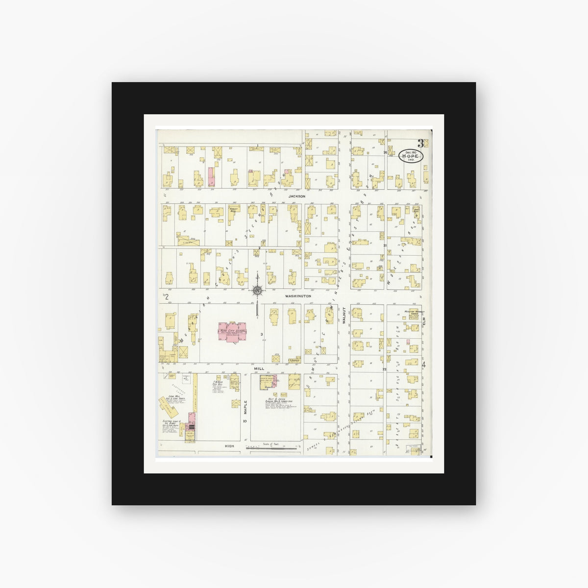 Old map wall art mockup — black gallery frame with white mat — Sanborn Fire Insurance Map from Hope, Bartholomew County, Indiana (1910), Sheet #0003
