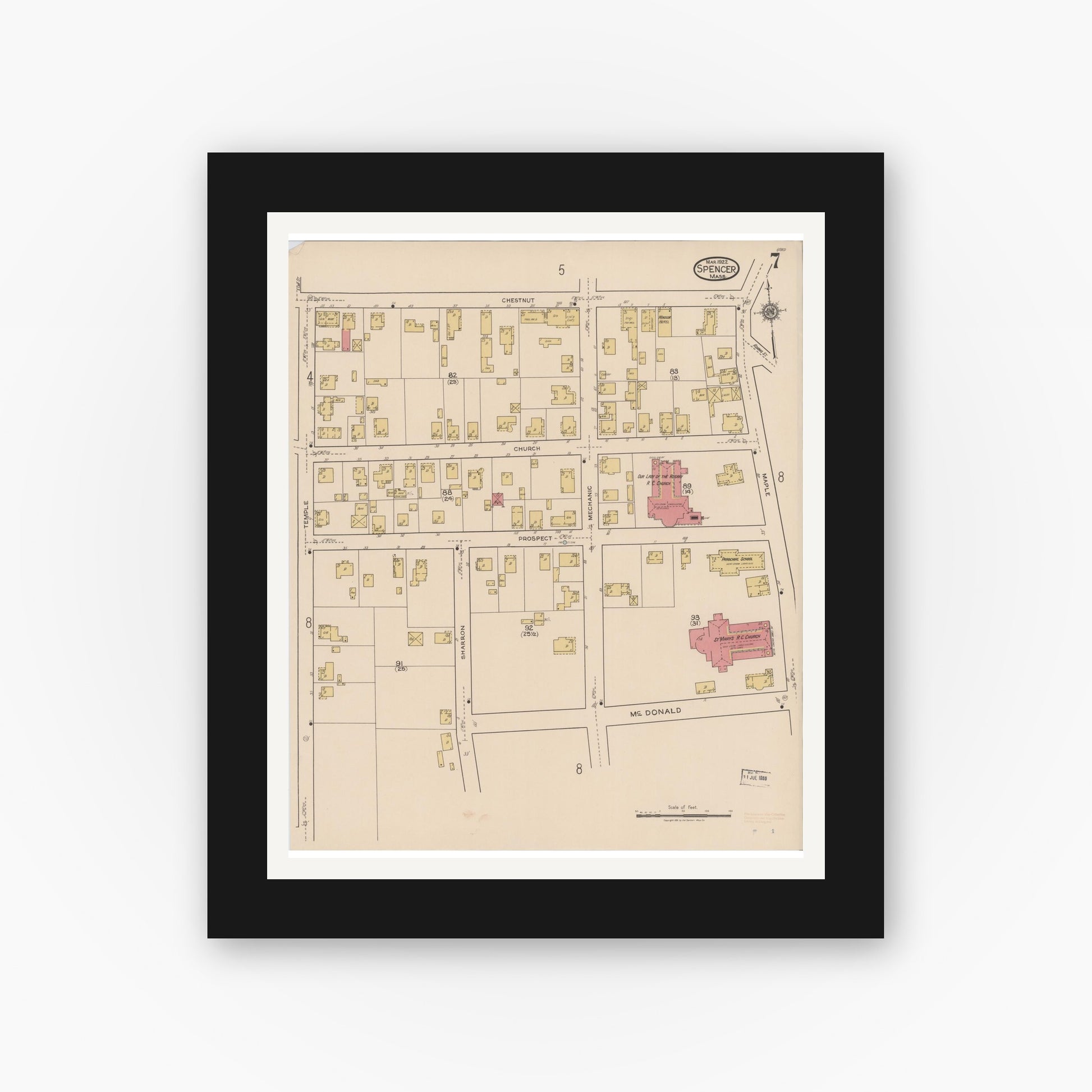 Old map wall art mockup — black gallery frame with white mat — Sanborn Fire Insurance Map from Spencer, Worcester County, Massachusetts (1922), Sheet #0007