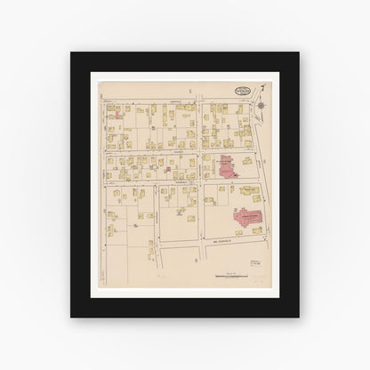 Old map wall art mockup — black gallery frame with white mat — Sanborn Fire Insurance Map from Spencer, Worcester County, Massachusetts (1922), Sheet #0007