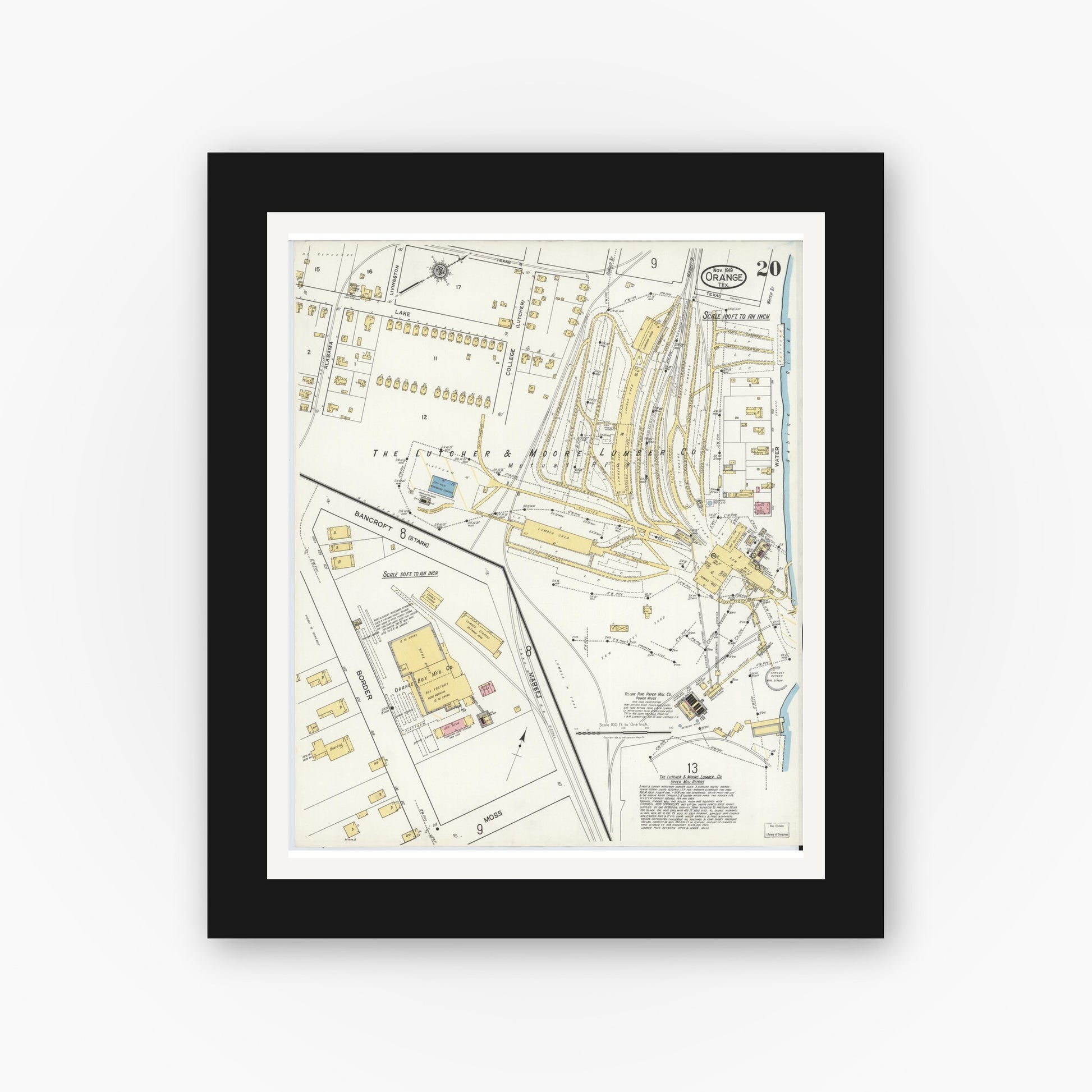 Old map wall art mockup — black gallery frame with white mat — Sanborn Fire Insurance Map from Orange, Orange County, Texas (1919), Sheet #0020