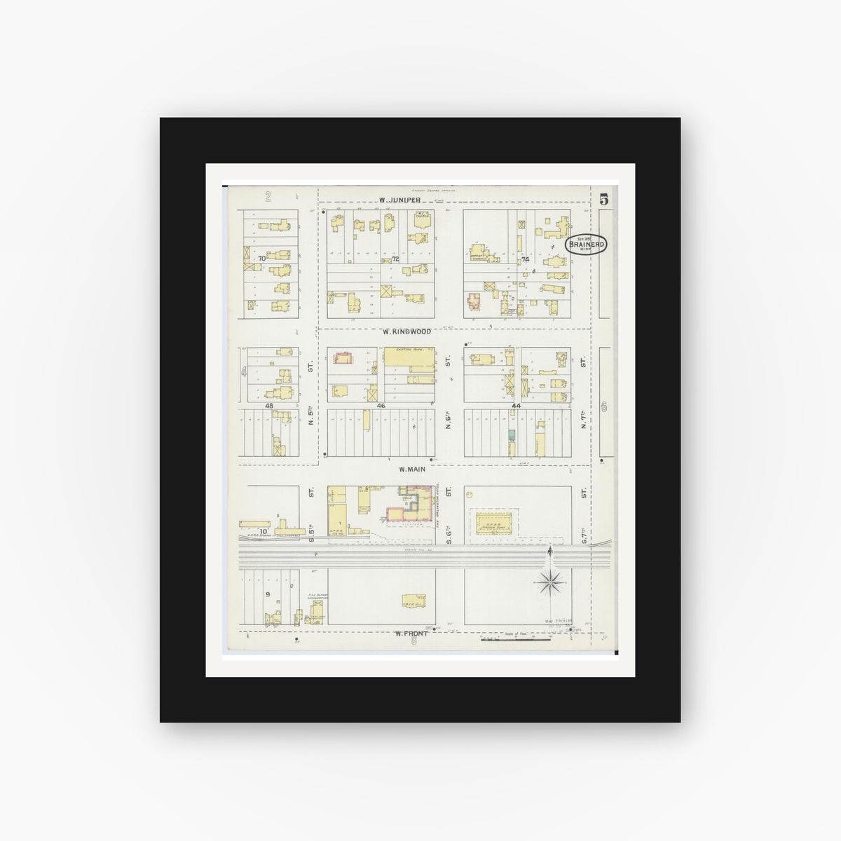 Old map wall art mockup — black gallery frame with white mat — Sanborn Fire Insurance Map from Brainerd, Crow Wing County, Minnesota (1892), Sheet #0005