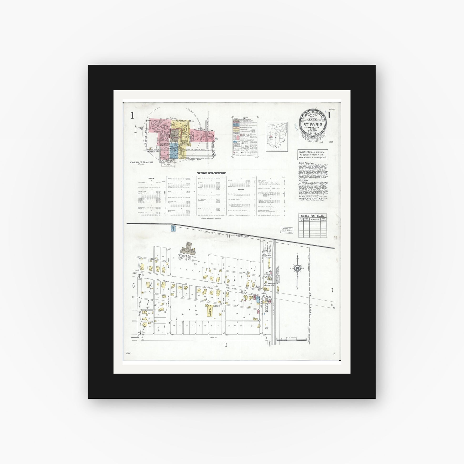 Old map wall art mockup — black gallery frame with white mat — Sanborn Fire Insurance Map from Saint Paris, Champaign County, Ohio (1948) - Complete Map Set