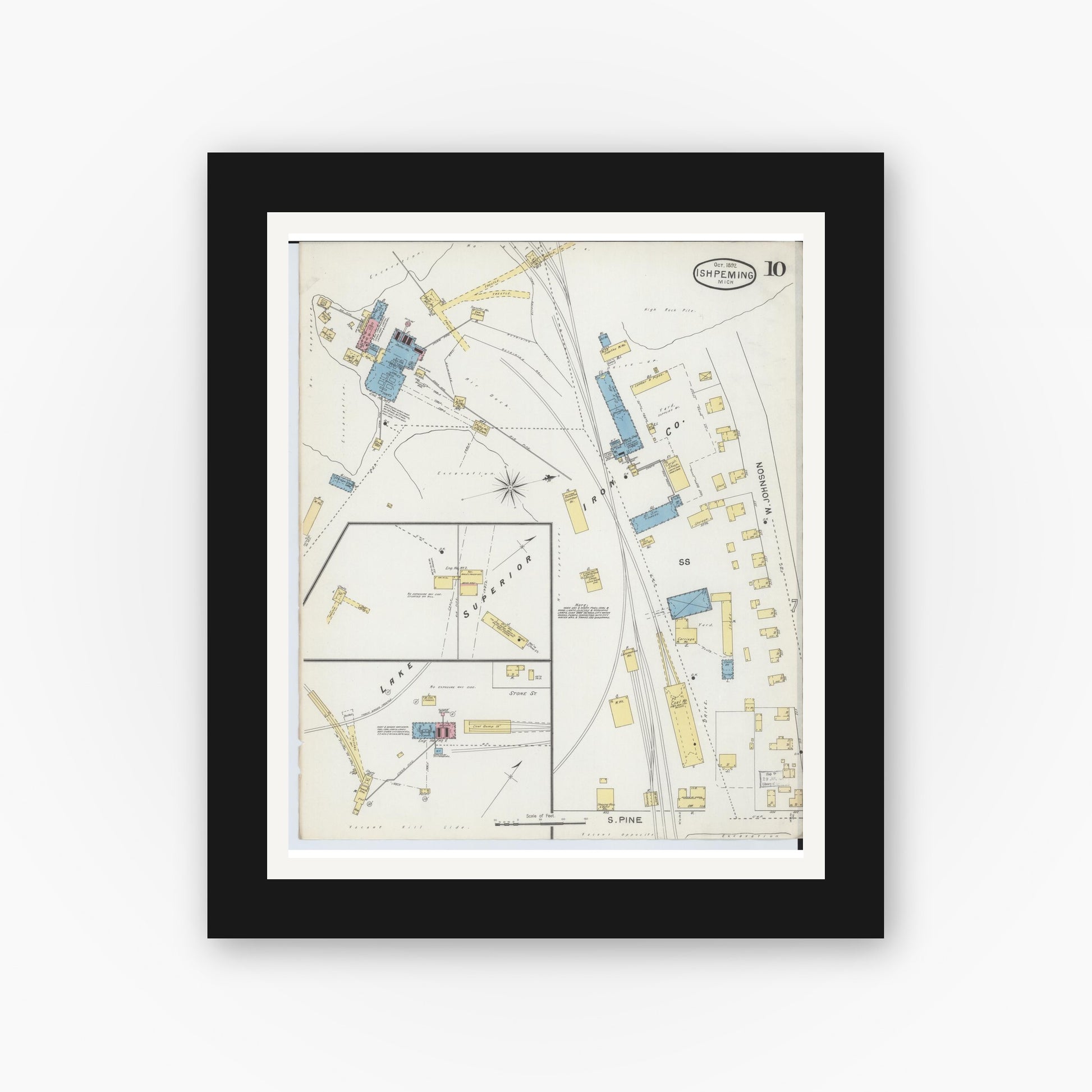 Old map wall art mockup — black gallery frame with white mat — Sanborn Fire Insurance Map from Ishpeming, Marquette County, Michigan (1892), Sheet #0010