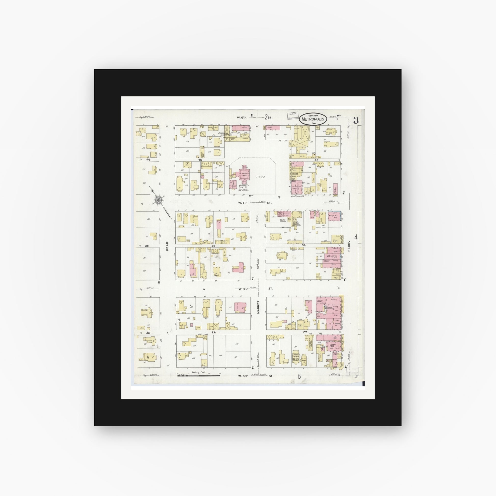 Old map wall art mockup — black gallery frame with white mat — Sanborn Fire Insurance Map from Metropolis, Massac County, Illinois (1910), Sheet #0003