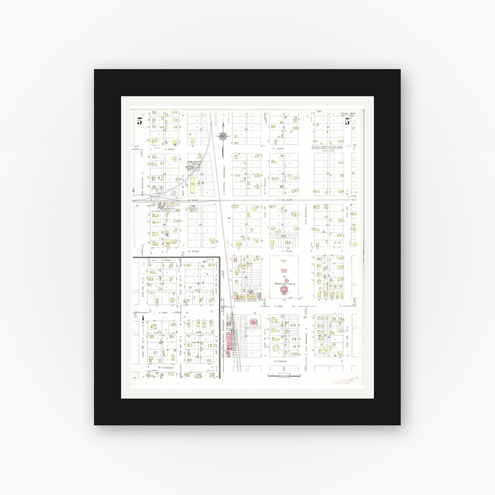 Old map wall art mockup — black gallery frame with white mat — Sanborn Fire Insurance Map from Onawa, Monona County, Iowa (1934), Sheet #0005