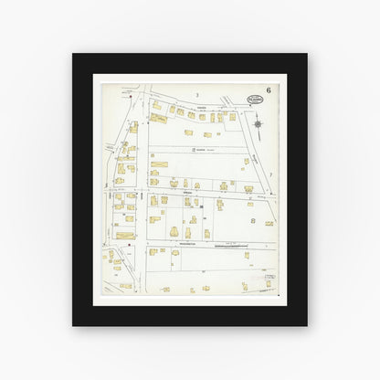 Old map wall art mockup — black gallery frame with white mat — Sanborn Fire Insurance Map from Reading, Middlesex County, Massachusetts (1918), Sheet #0006
