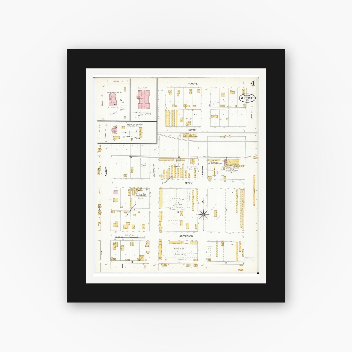 Old map wall art mockup — black gallery frame with white mat — Sanborn Fire Insurance Map from Winterset, Madison County, Iowa (1899), Sheet #0004