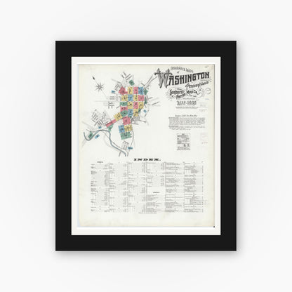 Old map wall art mockup — black gallery frame with white mat — Sanborn Fire Insurance Map from Washington, Washington County, Pennsylvania (1900), Sheet #0001
