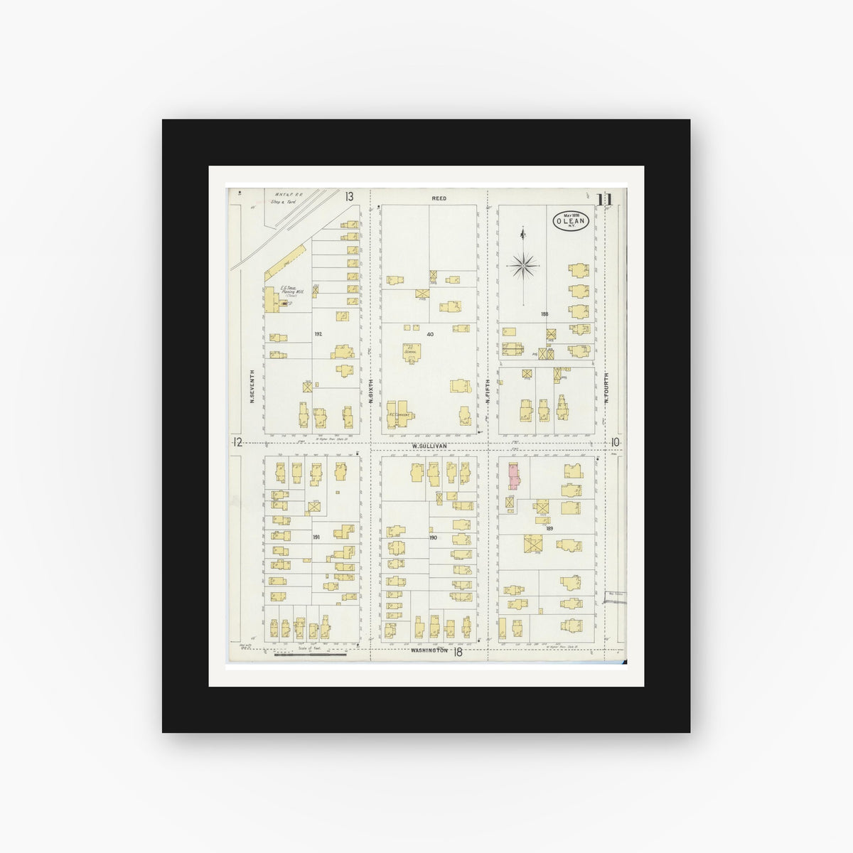Old map wall art mockup — black gallery frame with white mat — Sanborn Fire Insurance Map from Olean, Cattaraugus County, New York (1898), Sheet #0011