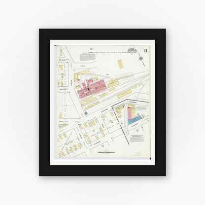 Old map wall art mockup — black gallery frame with white mat — Sanborn Fire Insurance Map from Adrian, Lenawee County, Michigan (1916), Sheet #0011