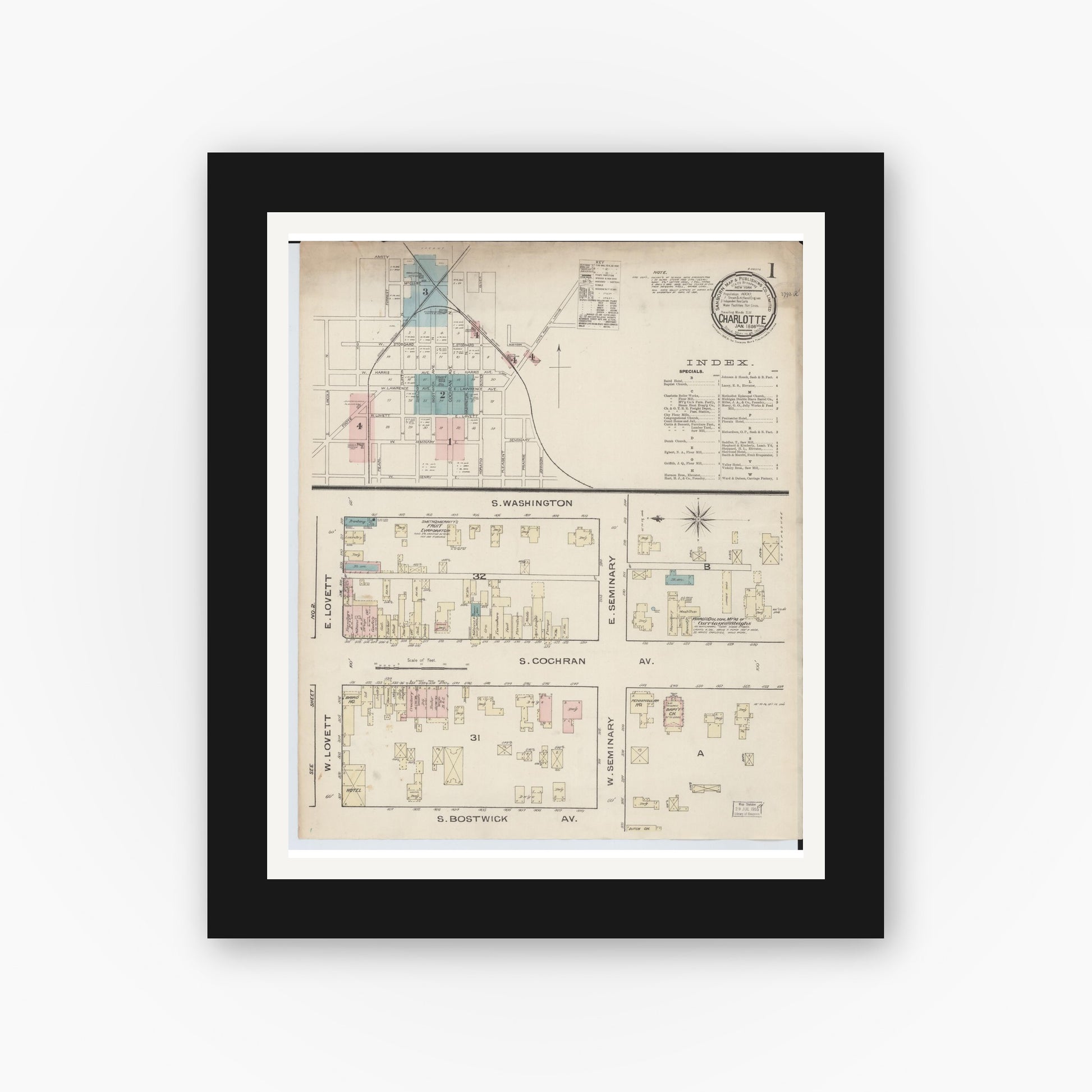 Old map wall art mockup — black gallery frame with white mat — Sanborn Fire Insurance Map from Charlotte, Eaton County, Michigan (1886), Sheet #0001