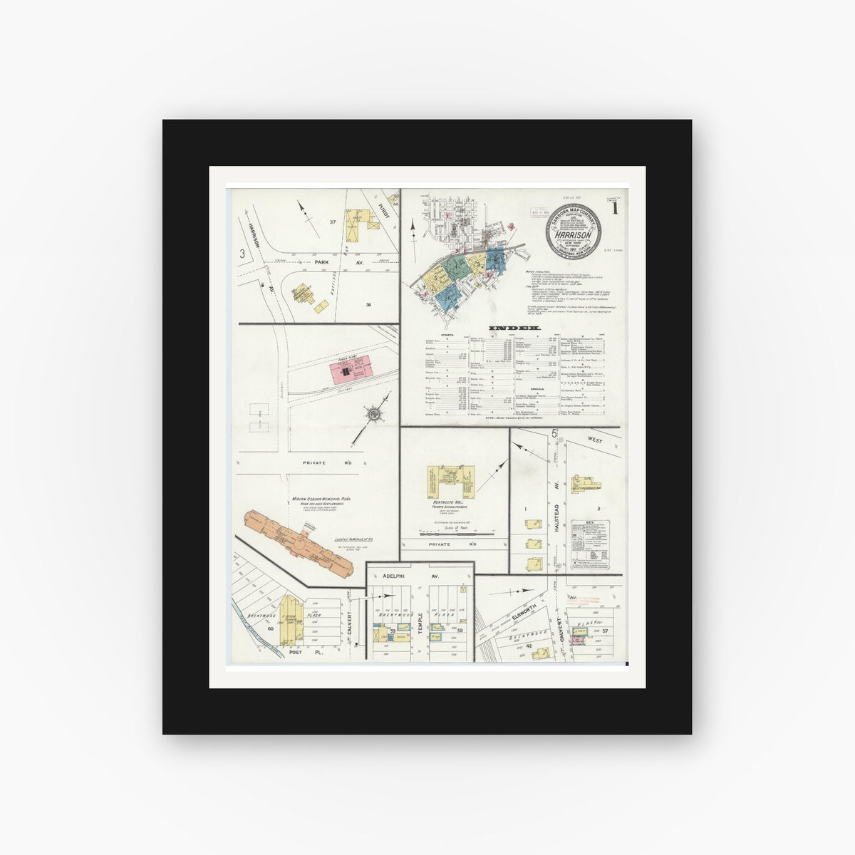 Old map wall art mockup — black gallery frame with white mat — Sanborn Fire Insurance Map from Harrison, Westchester County, New York (1911), Sheet #0001