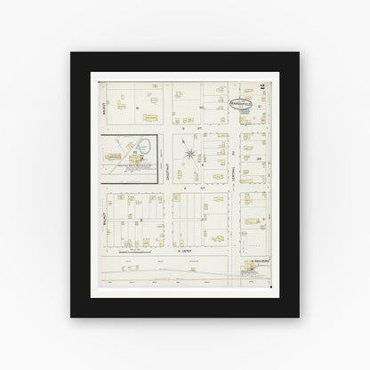 Old map wall art mockup — black gallery frame with white mat — Sanborn Fire Insurance Map from Marshfield, Wood County, Wisconsin (1887), Sheet #0002