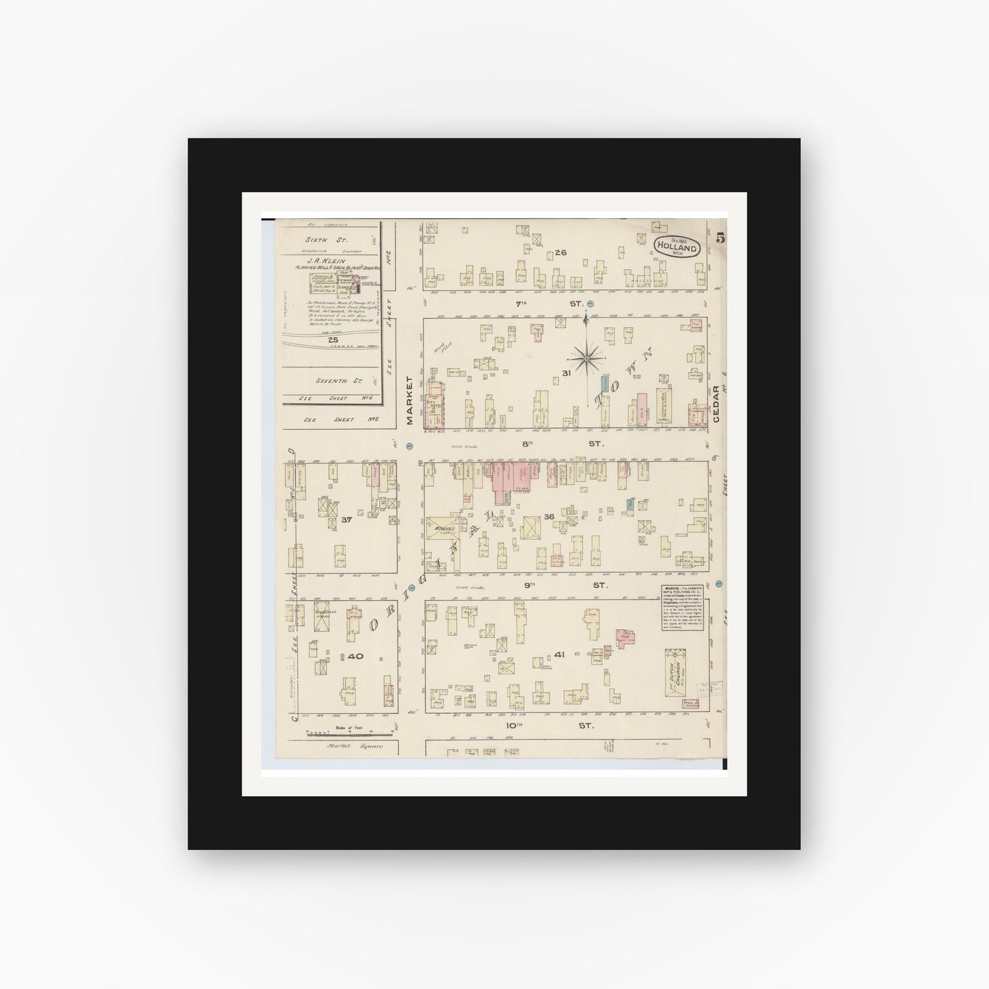 Old map wall art mockup — black gallery frame with white mat — Sanborn Fire Insurance Map from Holland, Ottawa County, Michigan (1883), Sheet #0005
