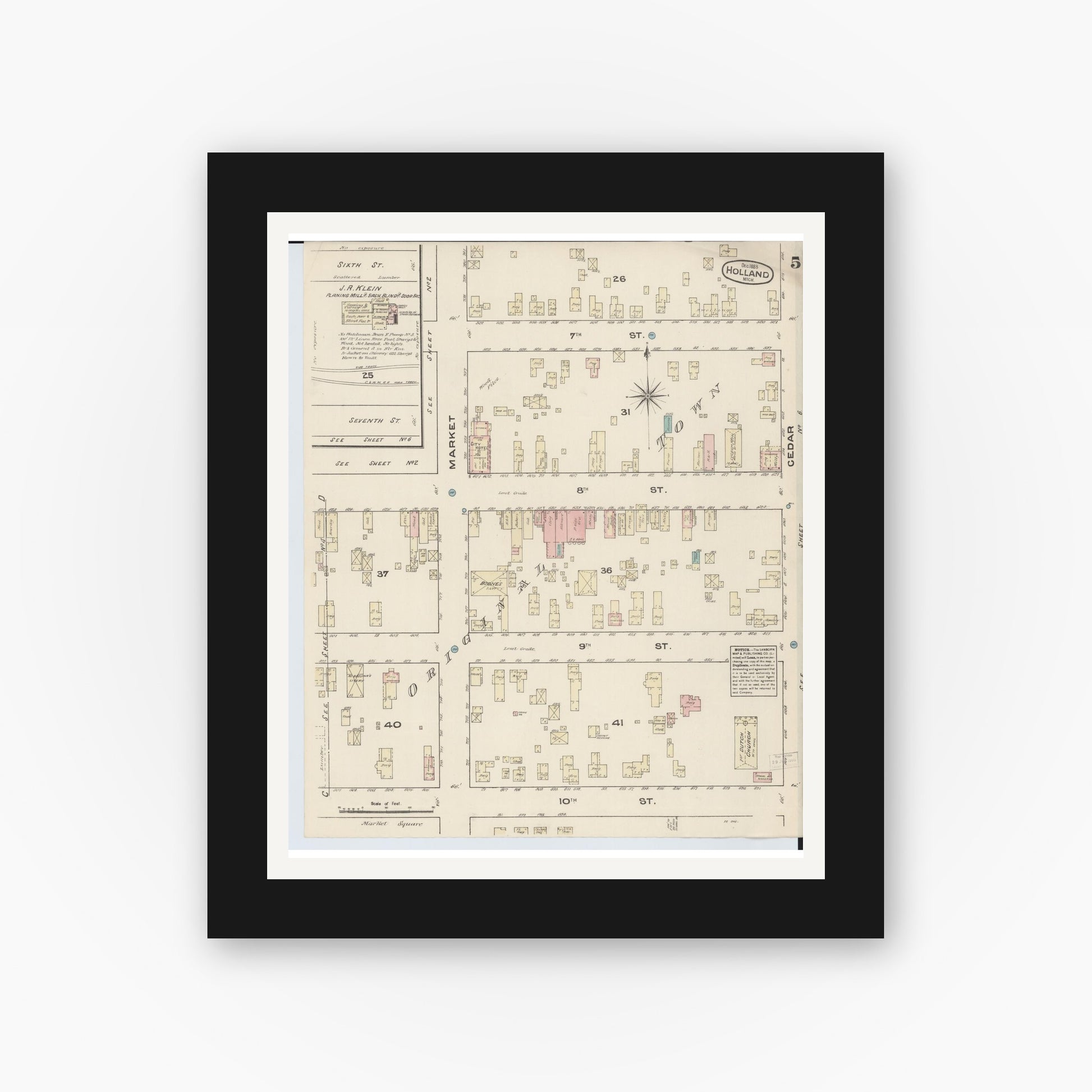 Old map wall art mockup — black gallery frame with white mat — Sanborn Fire Insurance Map from Holland, Ottawa County, Michigan (1883), Sheet #0005