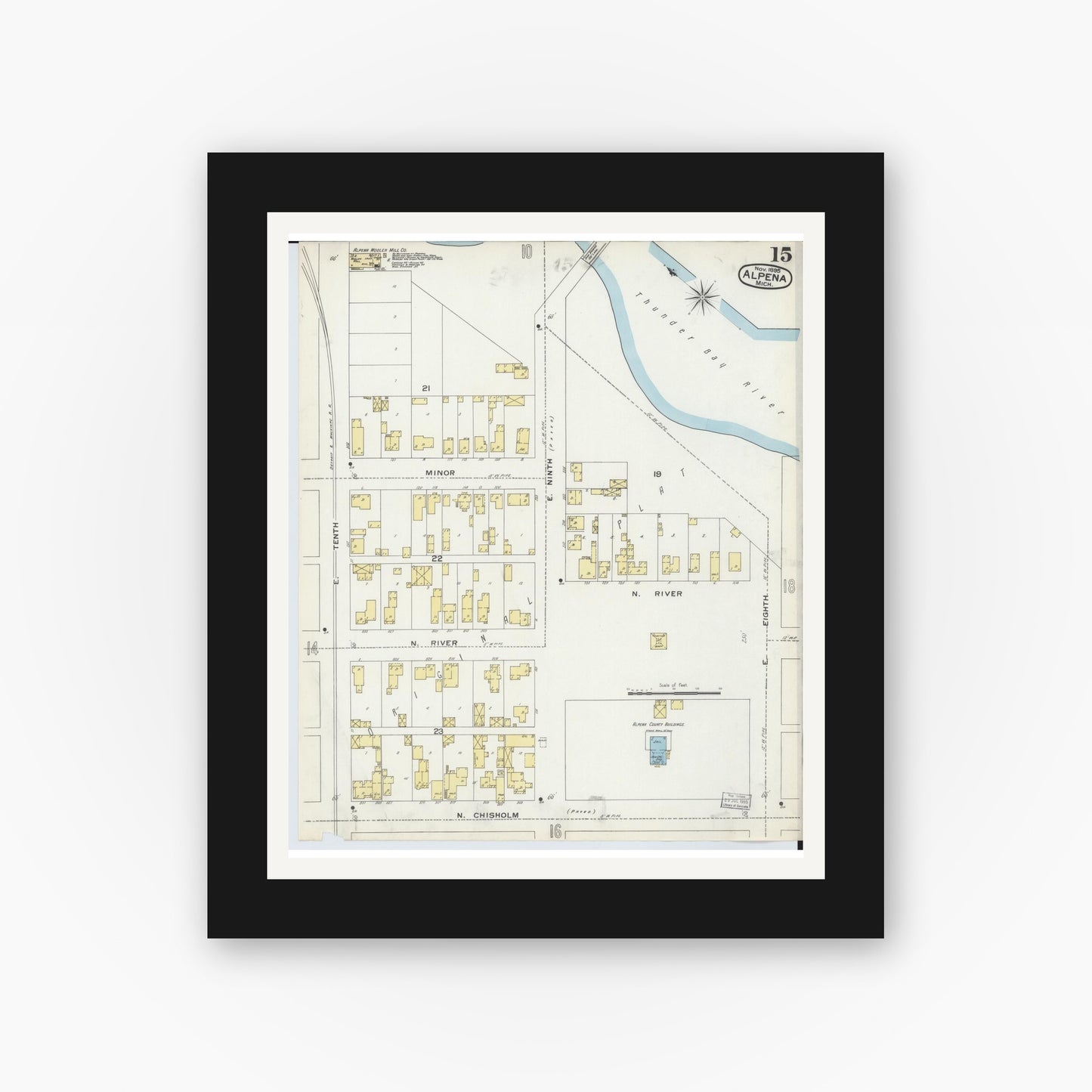 Old map wall art mockup — black gallery frame with white mat — Sanborn Fire Insurance Map from Alpena, Alpena County, Michigan (1895), Sheet #0015