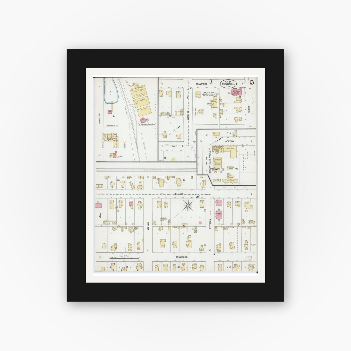 Old map wall art mockup — black gallery frame with white mat — Sanborn Fire Insurance Map from Bushnell, Mcdonough County, Illinois (1906), Sheet #0005