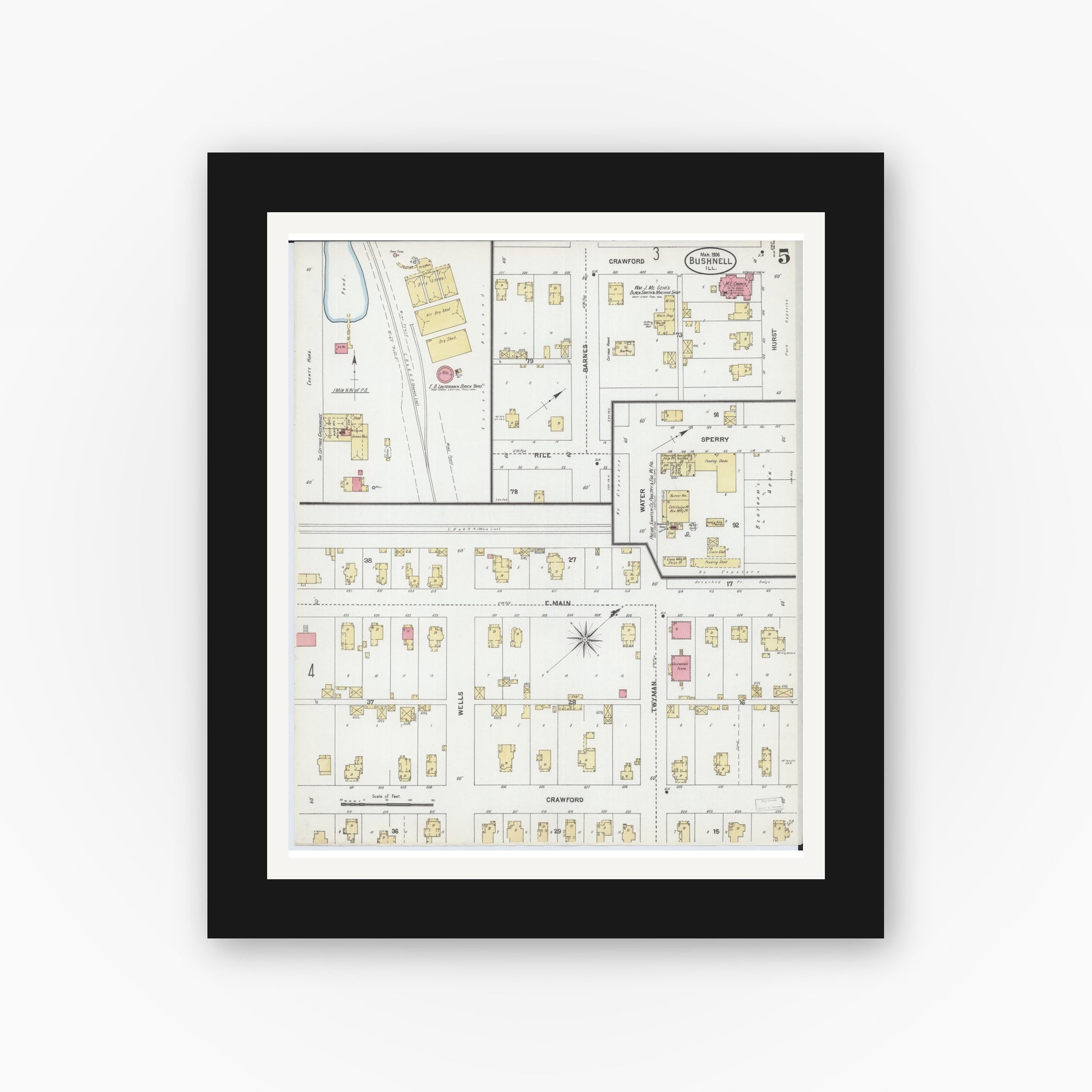 Old map wall art mockup — black gallery frame with white mat — Sanborn Fire Insurance Map from Bushnell, Mcdonough County, Illinois (1906), Sheet #0005