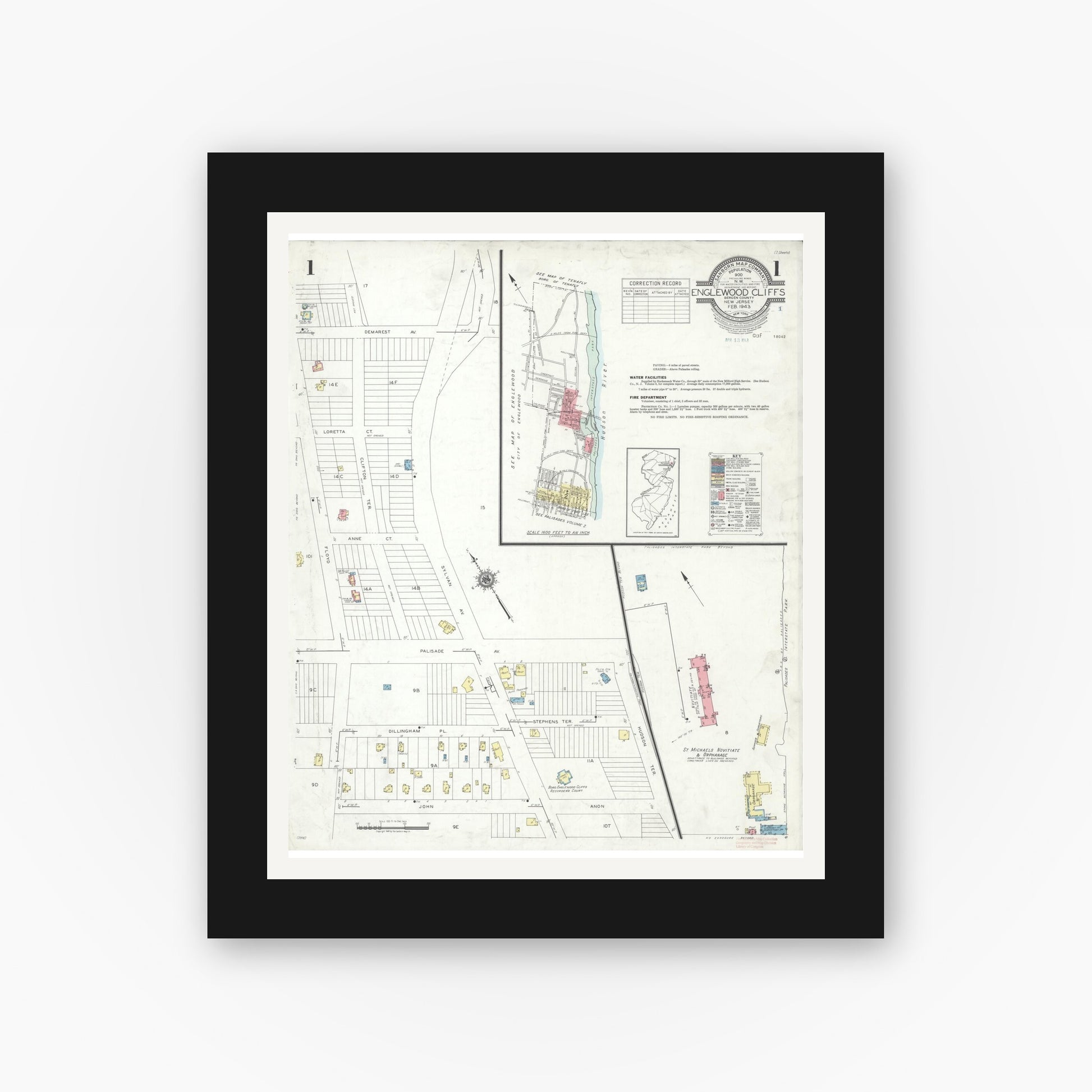 Old map wall art mockup — black gallery frame with white mat — Sanborn Fire Insurance Map from Englewood Cliffs, Bergen County, New Jersey (1943) - Complete Map Set