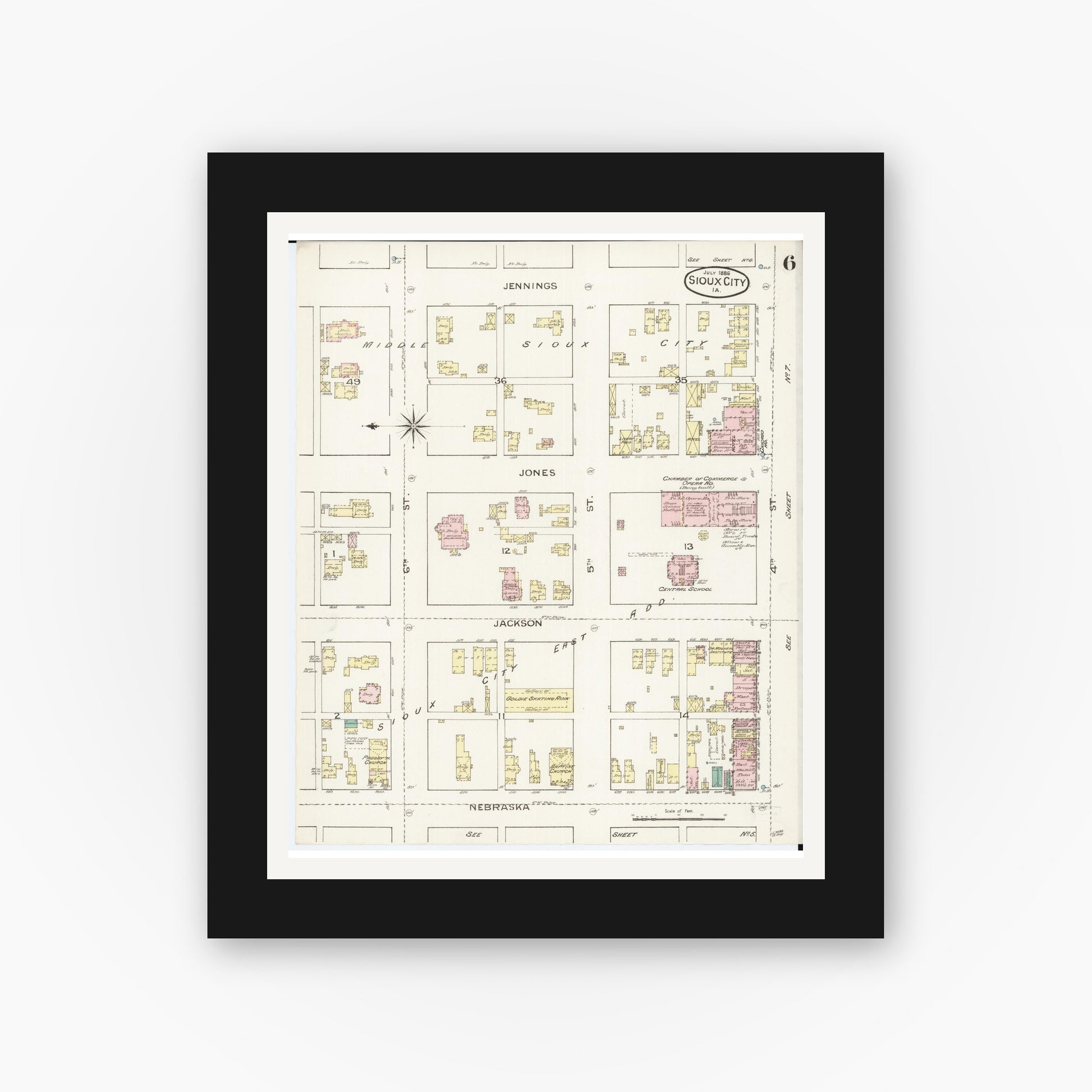 Old map wall art mockup — black gallery frame with white mat — Sanborn Fire Insurance Map from Sioux City, Woodbury County, Iowa (1886), Sheet #0006