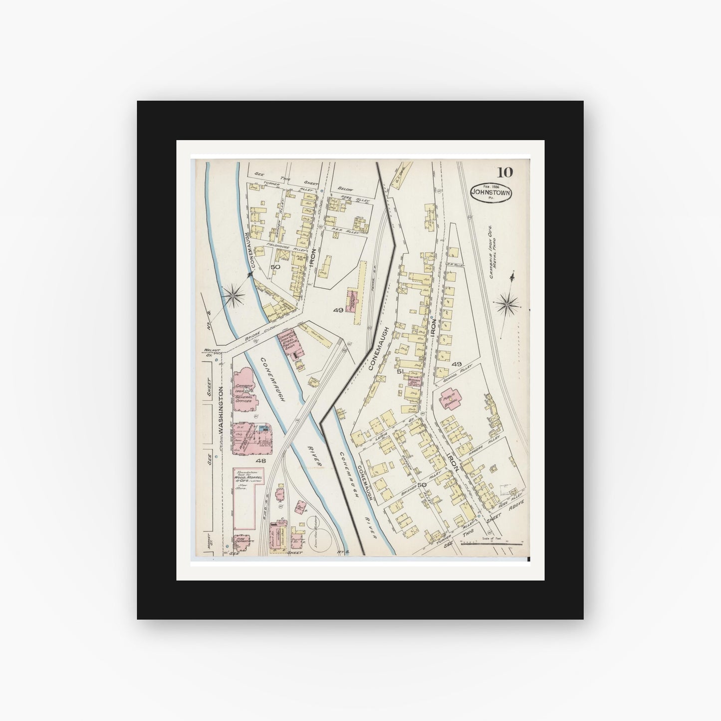 Old map wall art mockup — black gallery frame with white mat — Sanborn Fire Insurance Map from Johnstown, Cambria County, Pennsylvania (1886), Sheet #0010
