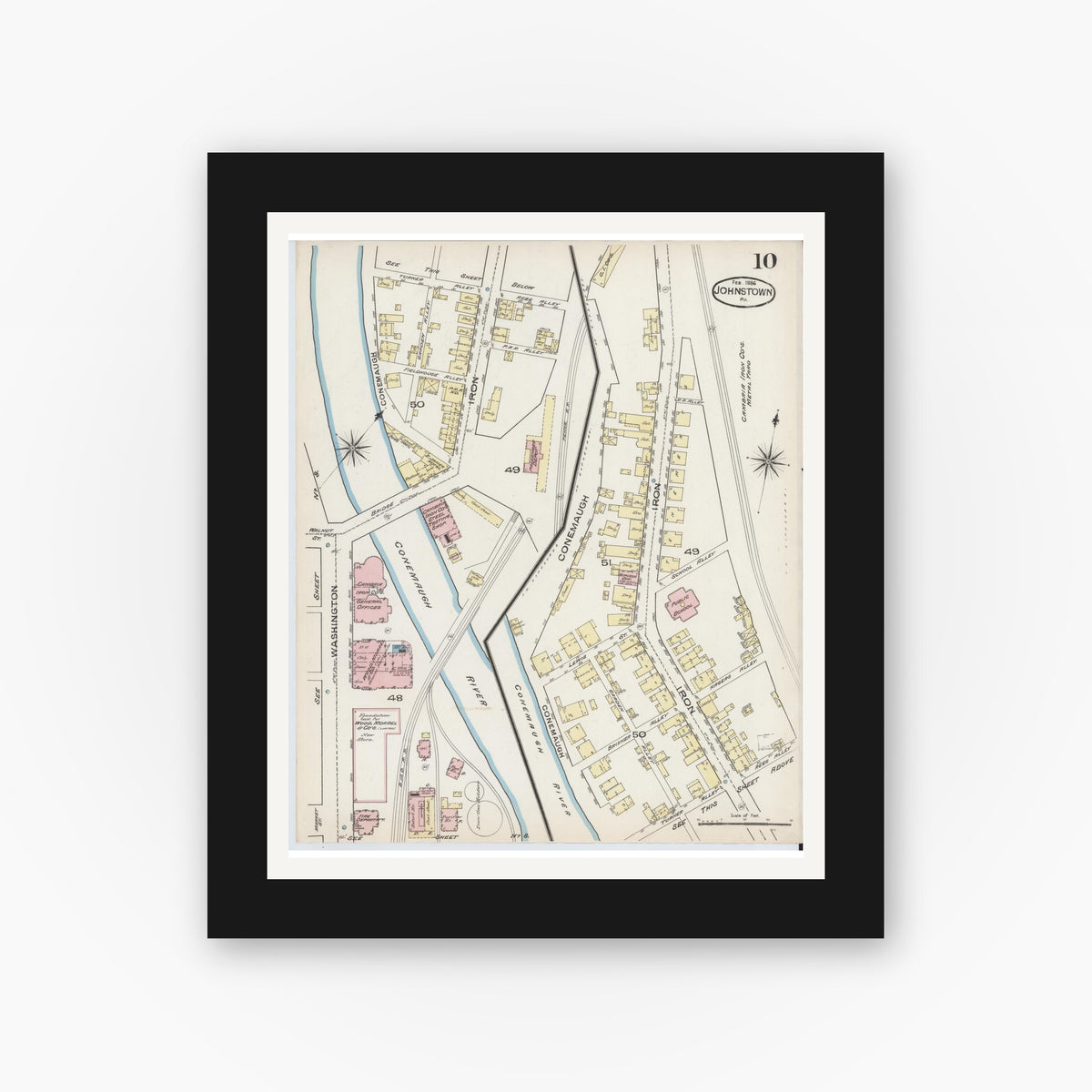 Old map wall art mockup — black gallery frame with white mat — Sanborn Fire Insurance Map from Johnstown, Cambria County, Pennsylvania (1886), Sheet #0010