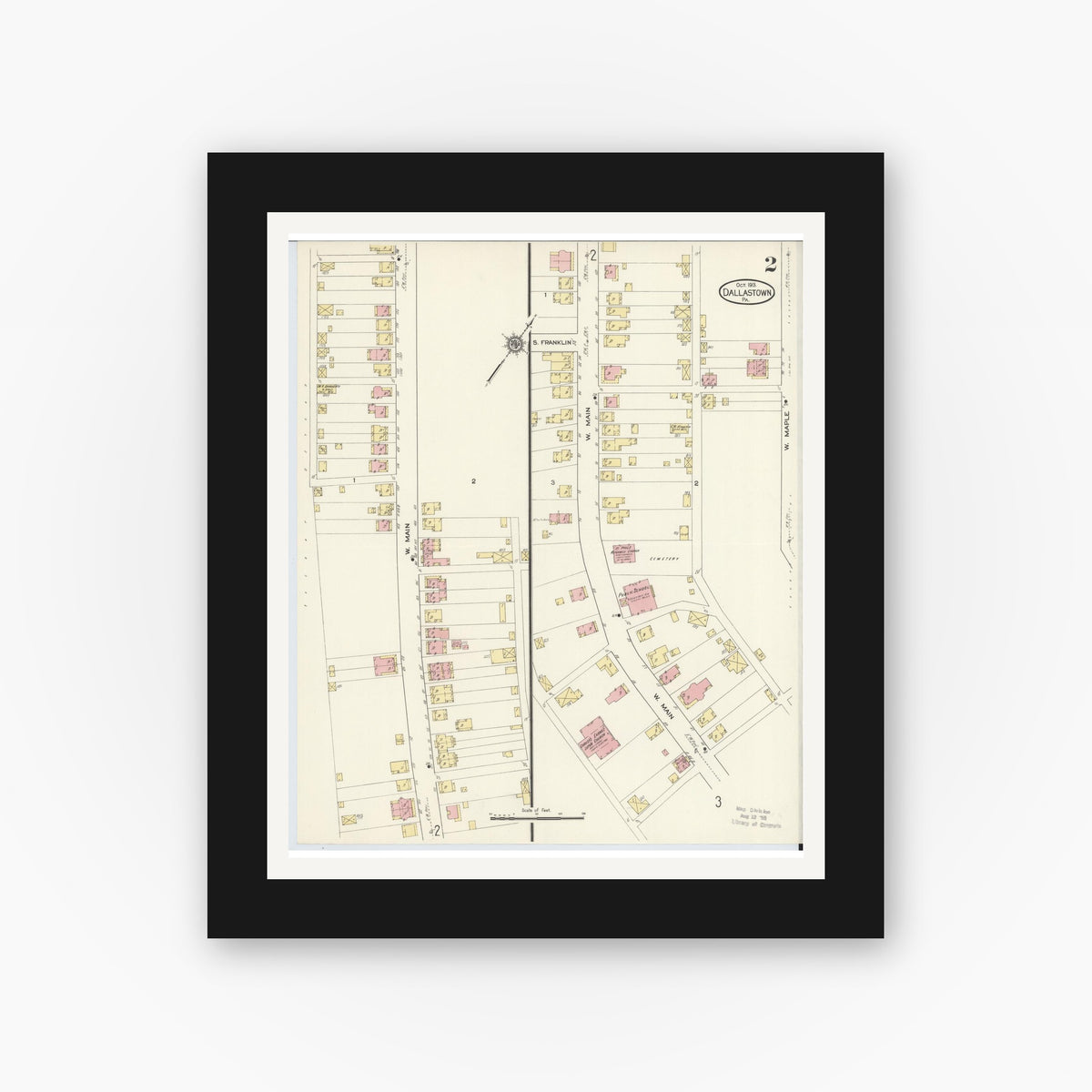 Old map wall art mockup — black gallery frame with white mat — Sanborn Fire Insurance Map from Dallastown, York County, Pennsylvania (1913), Sheet #0002
