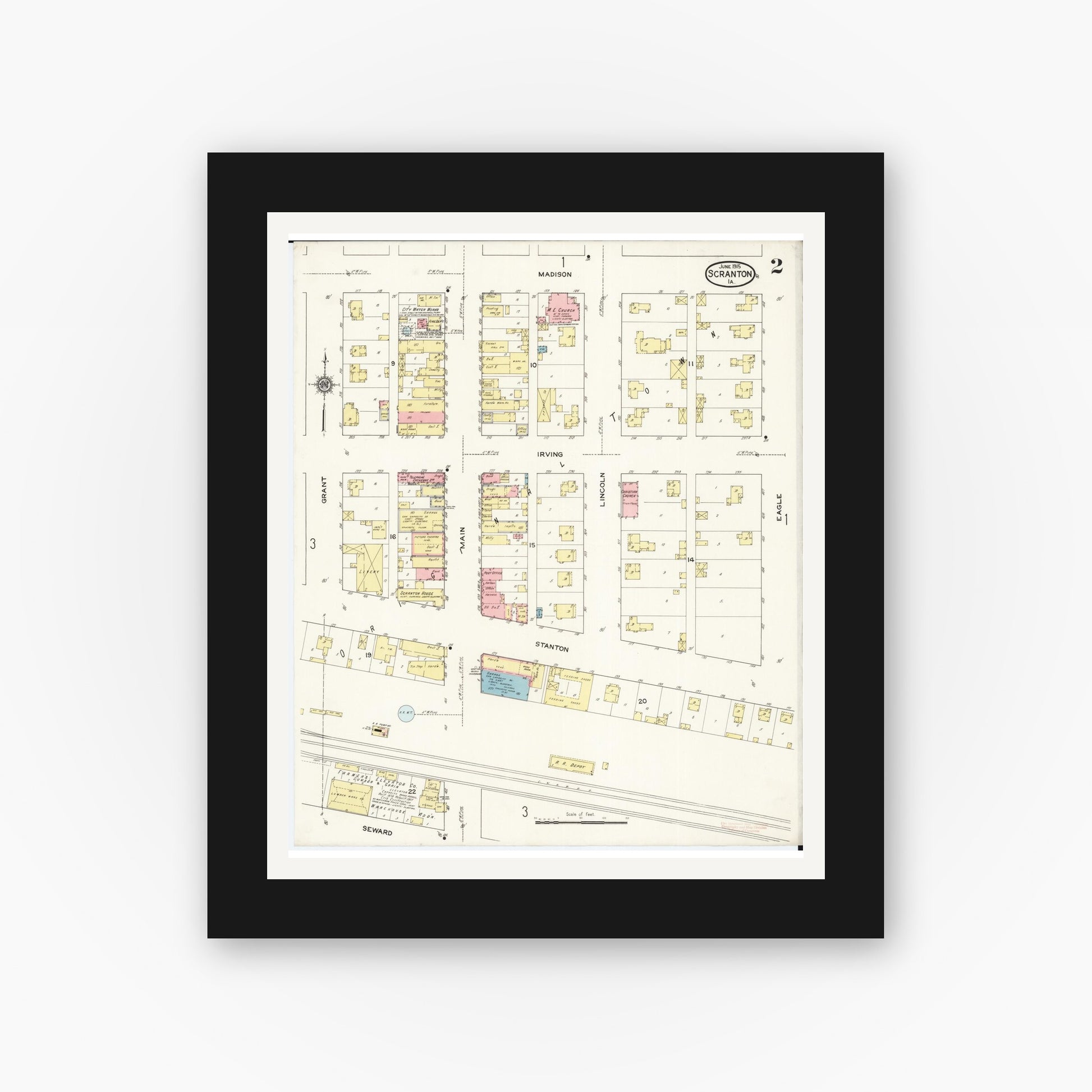 Old map wall art mockup — black gallery frame with white mat — Sanborn Fire Insurance Map from Scranton, Greene County, Iowa (1915), Sheet #0002