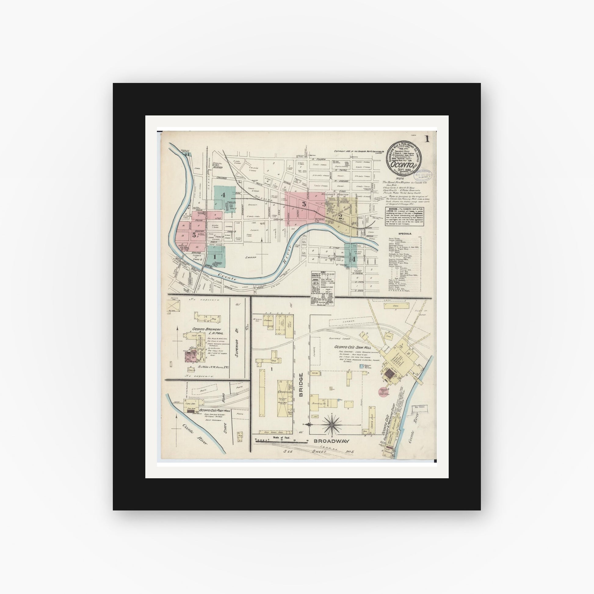 Old map wall art mockup — black gallery frame with white mat — Sanborn Fire Insurance Map from Oconto, Oconto County, Wisconsin (1883) - Complete Map Set