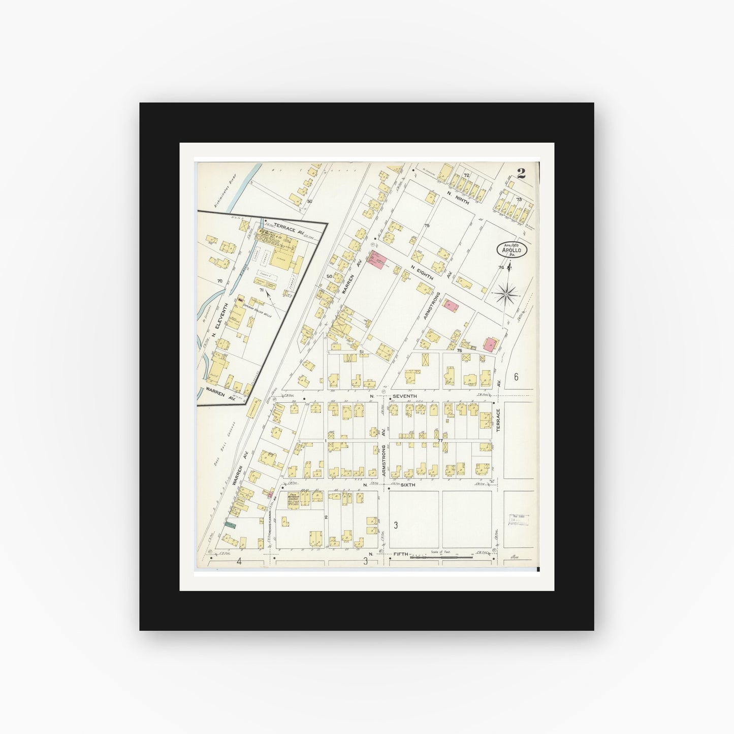 Old map wall art mockup — black gallery frame with white mat — Sanborn Fire Insurance Map from Apollo, Armstrong County, Pennsylvania (1909), Sheet #0002