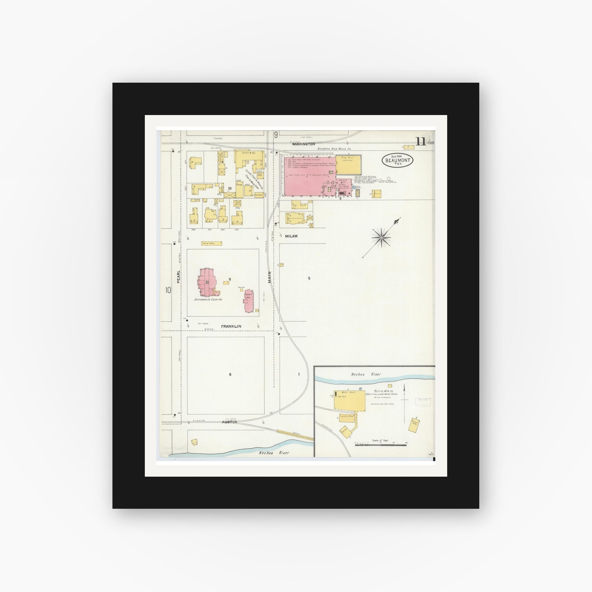 Old map wall art mockup — black gallery frame with white mat — Sanborn Fire Insurance Map from Beaumont, Jefferson County, Texas (1904), Sheet #0011
