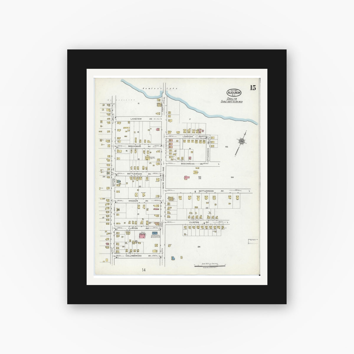 Old map wall art mockup — black gallery frame with white mat — Sanborn Fire Insurance Map from Audubon, Camden County, New Jersey (1920), Sheet #0015
