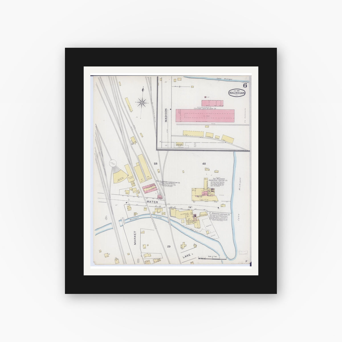 Old map wall art mockup — black gallery frame with white mat — Sanborn Fire Insurance Map from Waukegan, Lake County, Illinois (1894), Sheet #0006