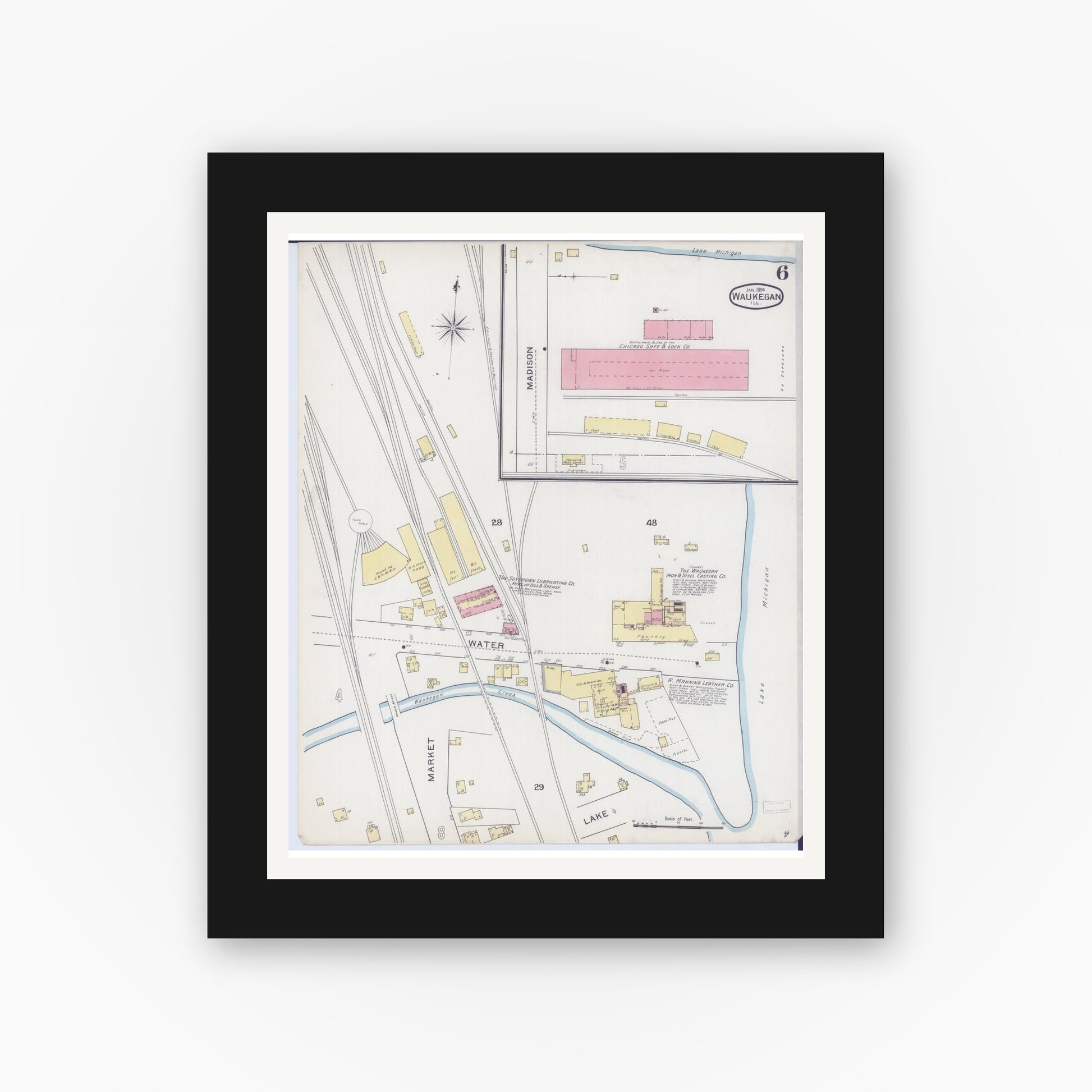 Old map wall art mockup — black gallery frame with white mat — Sanborn Fire Insurance Map from Waukegan, Lake County, Illinois (1894), Sheet #0006