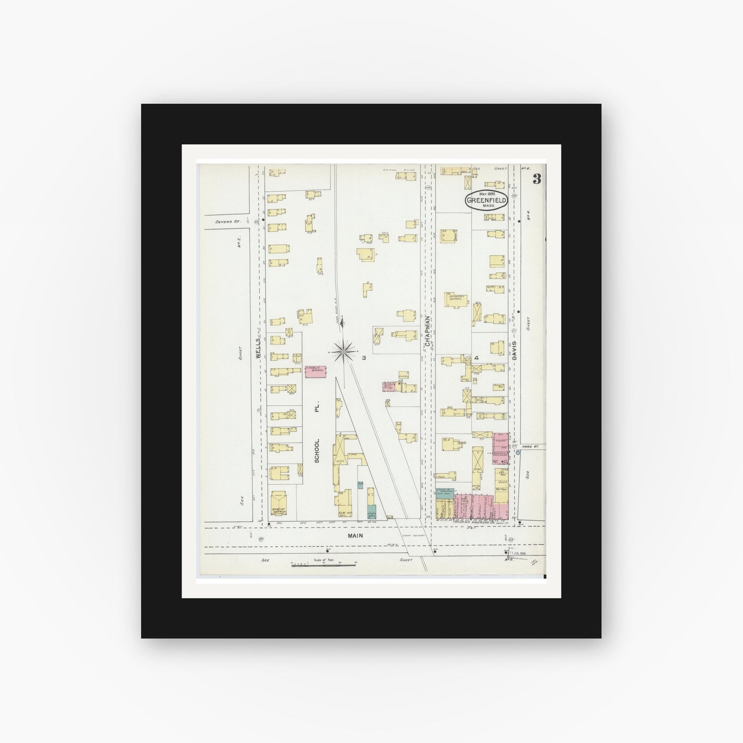 Old map wall art mockup — black gallery frame with white mat — Sanborn Fire Insurance Map from Greenfield, Franklin County, Massachusetts (1892), Sheet #0003