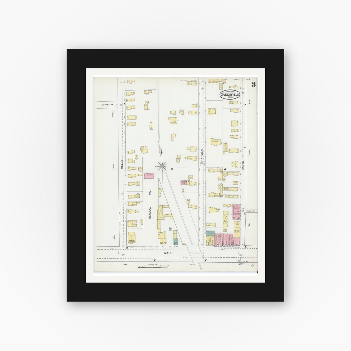 Old map wall art mockup — black gallery frame with white mat — Sanborn Fire Insurance Map from Greenfield, Franklin County, Massachusetts (1892), Sheet #0003