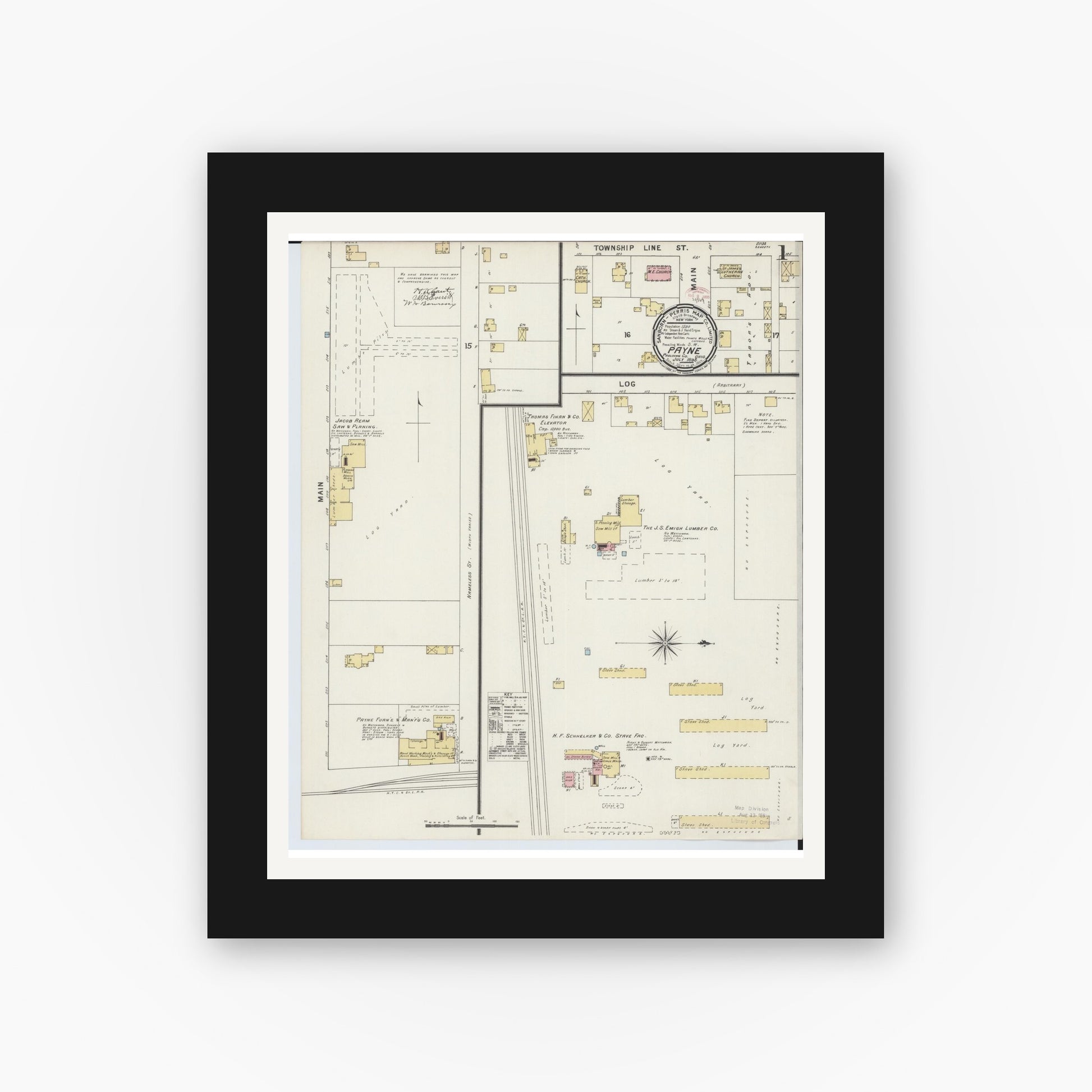 Old map wall art mockup — black gallery frame with white mat — Sanborn Fire Insurance Map from Payne, Paulding County, Ohio (1895), Sheet #0001