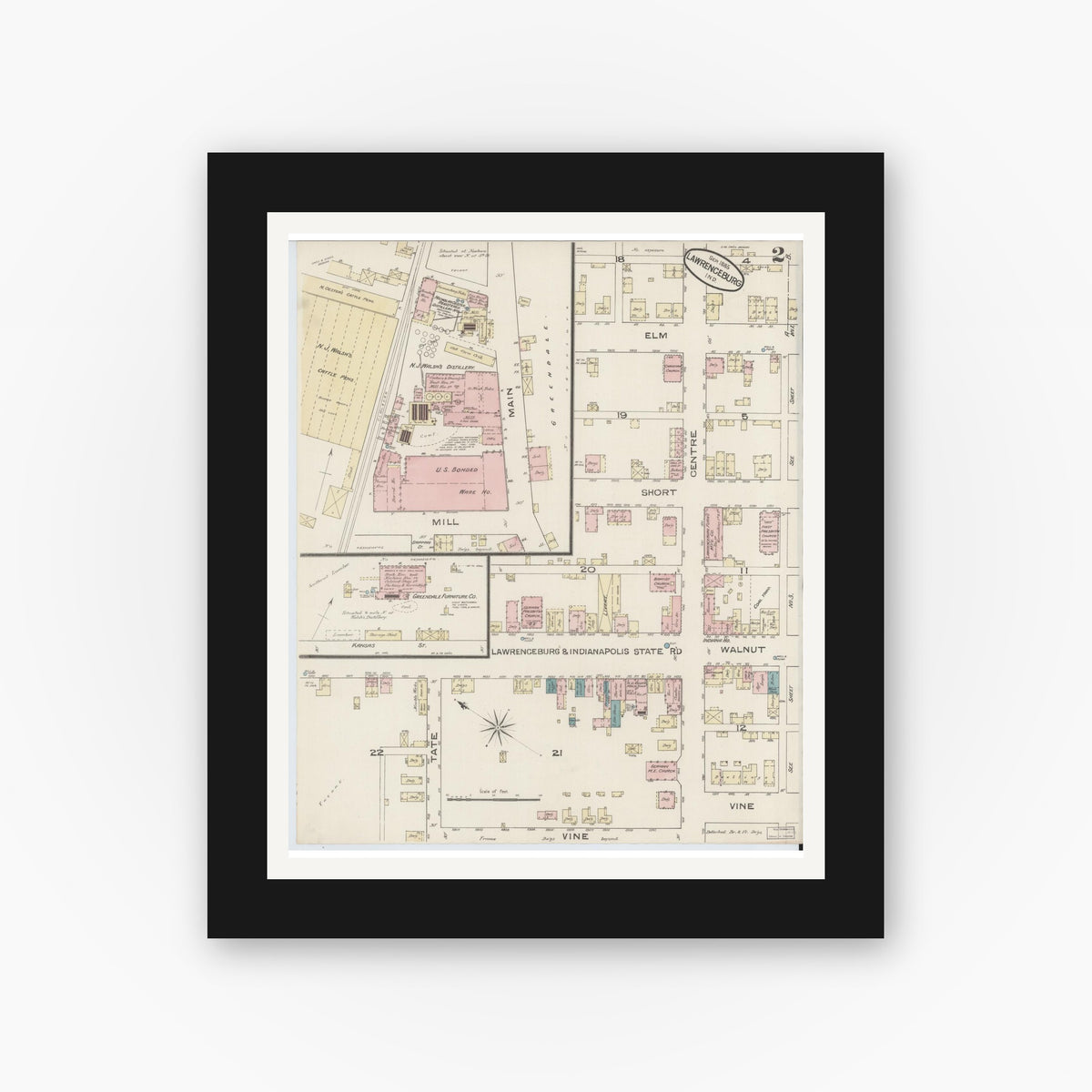 Old map wall art mockup — black gallery frame with white mat — Sanborn Fire Insurance Map from Lawrenceburg, Dearborn County, Indiana (1885), Sheet #0002