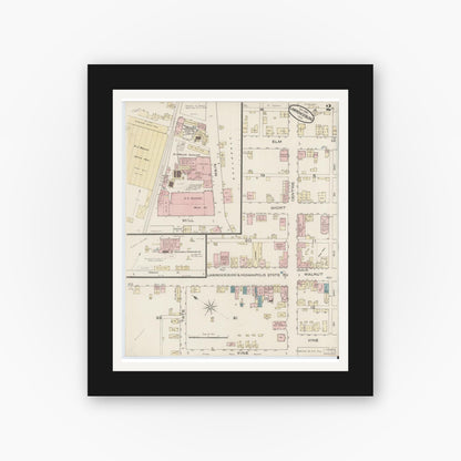 Old map wall art mockup — black gallery frame with white mat — Sanborn Fire Insurance Map from Lawrenceburg, Dearborn County, Indiana (1885), Sheet #0002