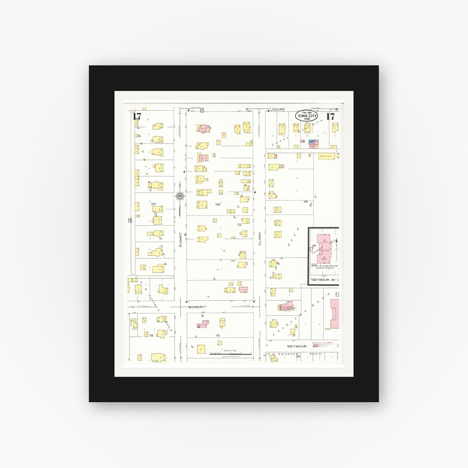 Old map wall art mockup — black gallery frame with white mat — Sanborn Fire Insurance Map from Iowa City, Johnson County, Iowa (1926), Sheet #0017