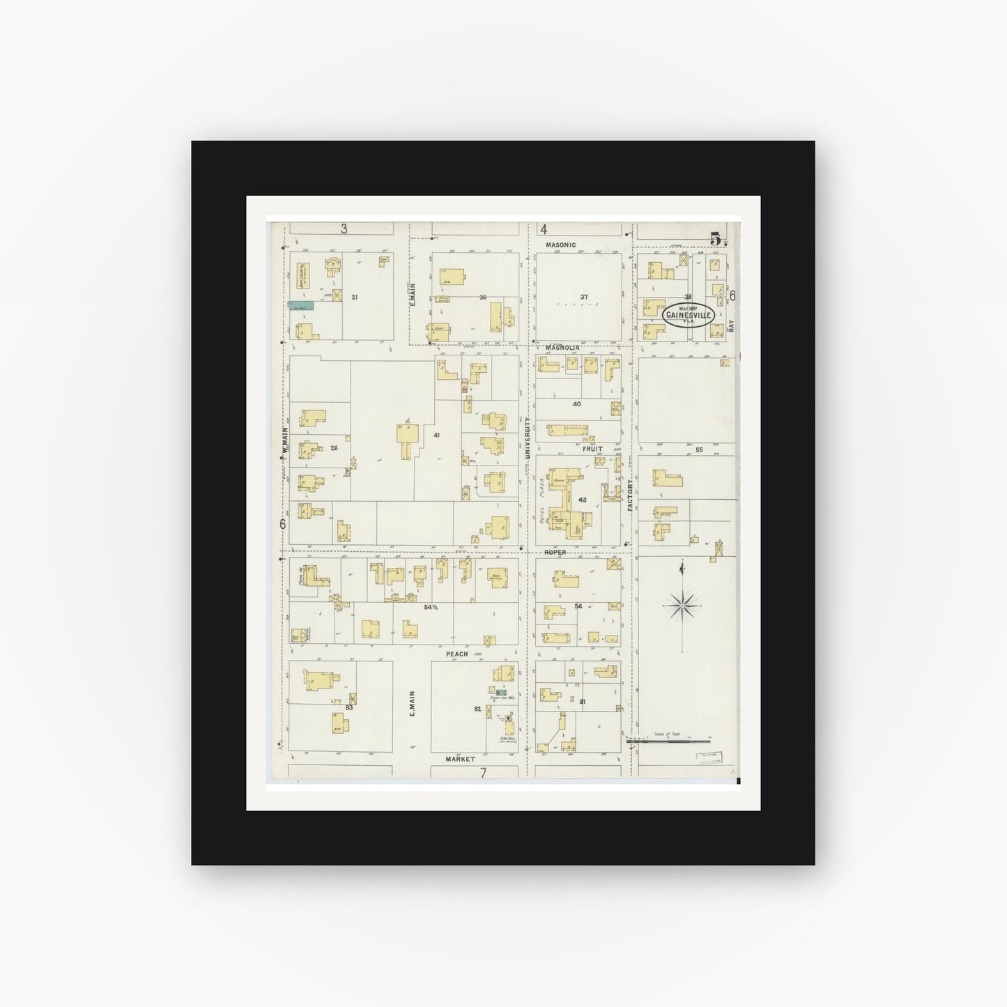 Old map wall art mockup — black gallery frame with white mat — Sanborn Fire Insurance Map from Gainesville, Alachua County, Florida (1897), Sheet #0005