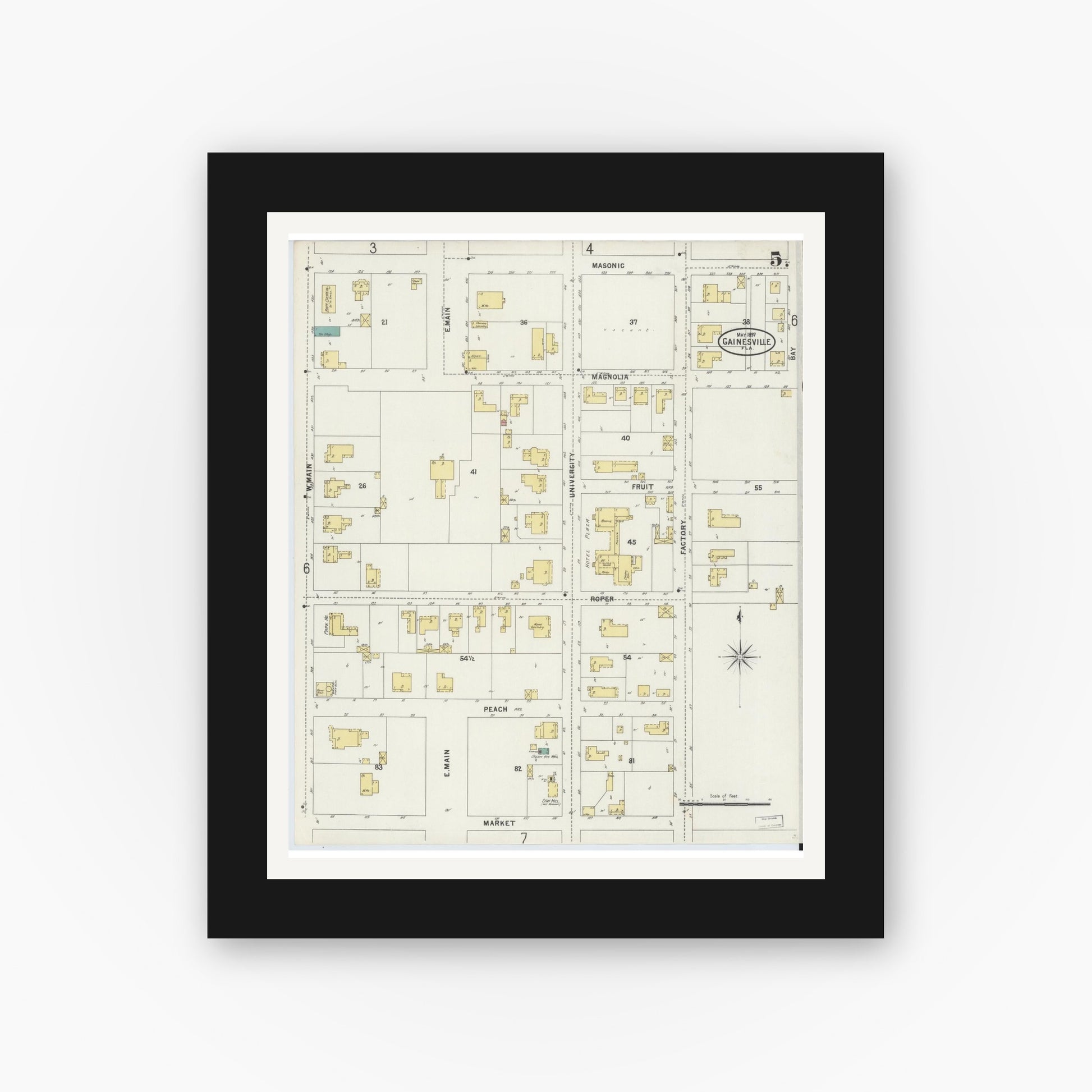 Old map wall art mockup — black gallery frame with white mat — Sanborn Fire Insurance Map from Gainesville, Alachua County, Florida (1897), Sheet #0005