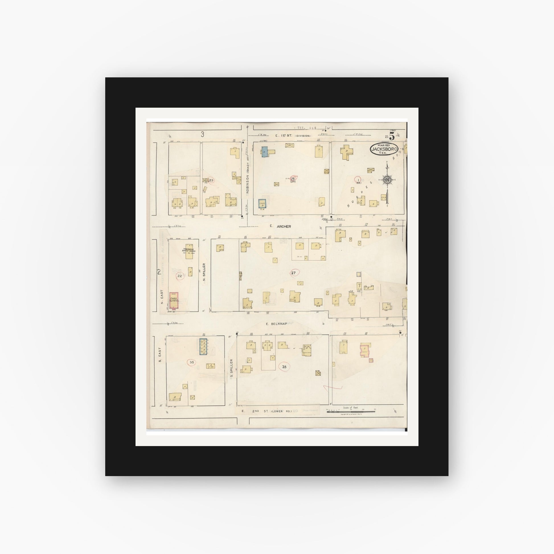 Old map wall art mockup — black gallery frame with white mat — Sanborn Fire Insurance Map from Jacksboro, Jack County, Texas (1942), Sheet #0005