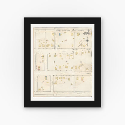 Old map wall art mockup — black gallery frame with white mat — Sanborn Fire Insurance Map from Jacksboro, Jack County, Texas (1942), Sheet #0005