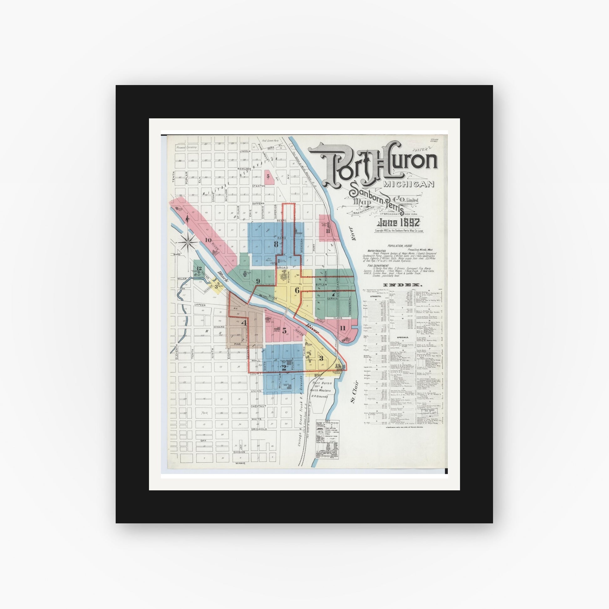 Old map wall art mockup — black gallery frame with white mat — Sanborn Fire Insurance Map from Port Huron, Saint Clair County, Michigan (1892) - Complete Map Set