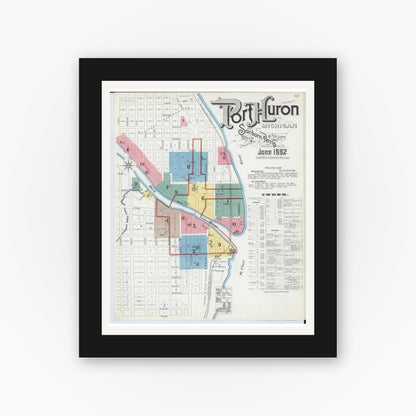 Old map wall art mockup — black gallery frame with white mat — Sanborn Fire Insurance Map from Port Huron, Saint Clair County, Michigan (1892) - Complete Map Set
