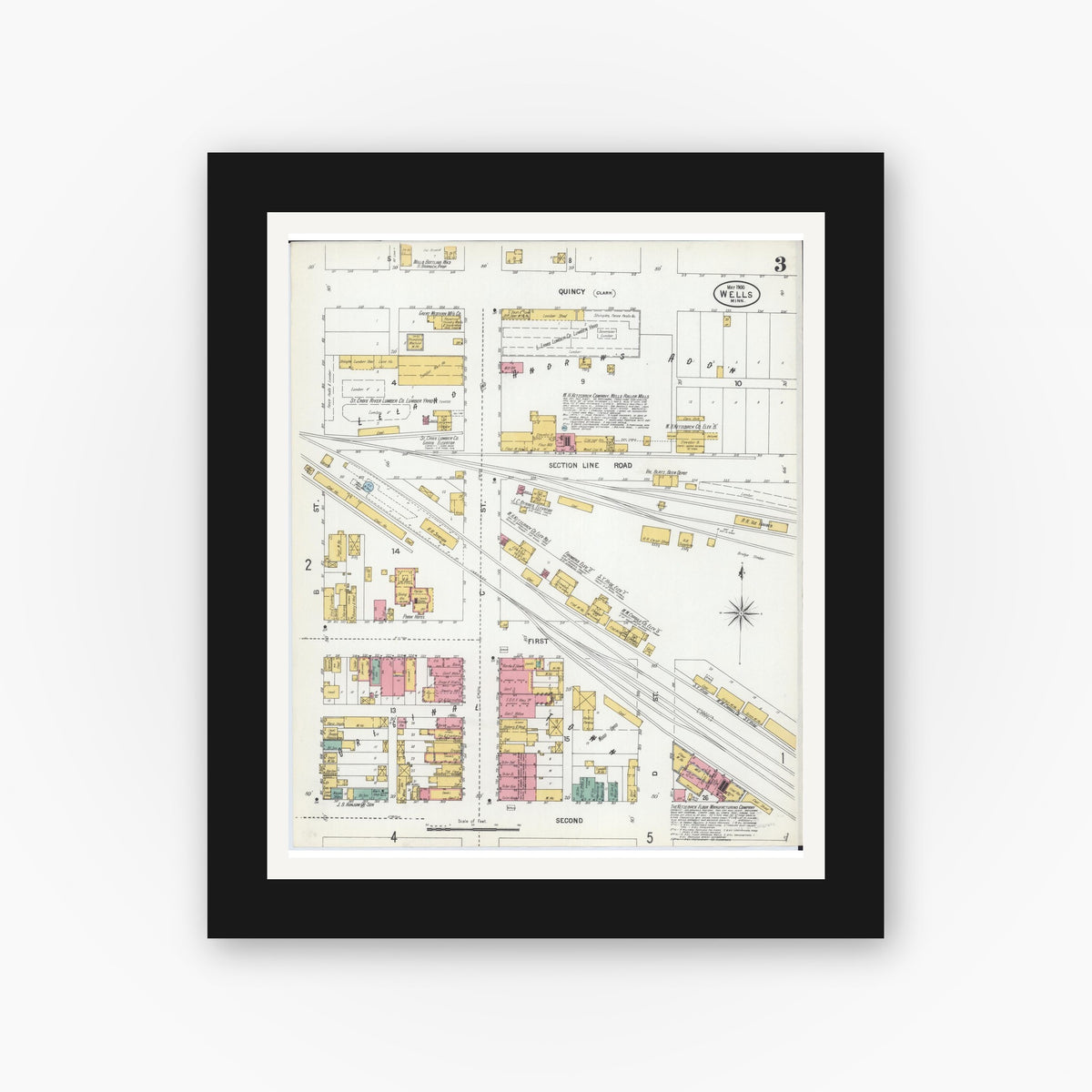 Old map wall art mockup — black gallery frame with white mat — Sanborn Fire Insurance Map from Wells, Faribault County, Minnesota (1900), Sheet #0003