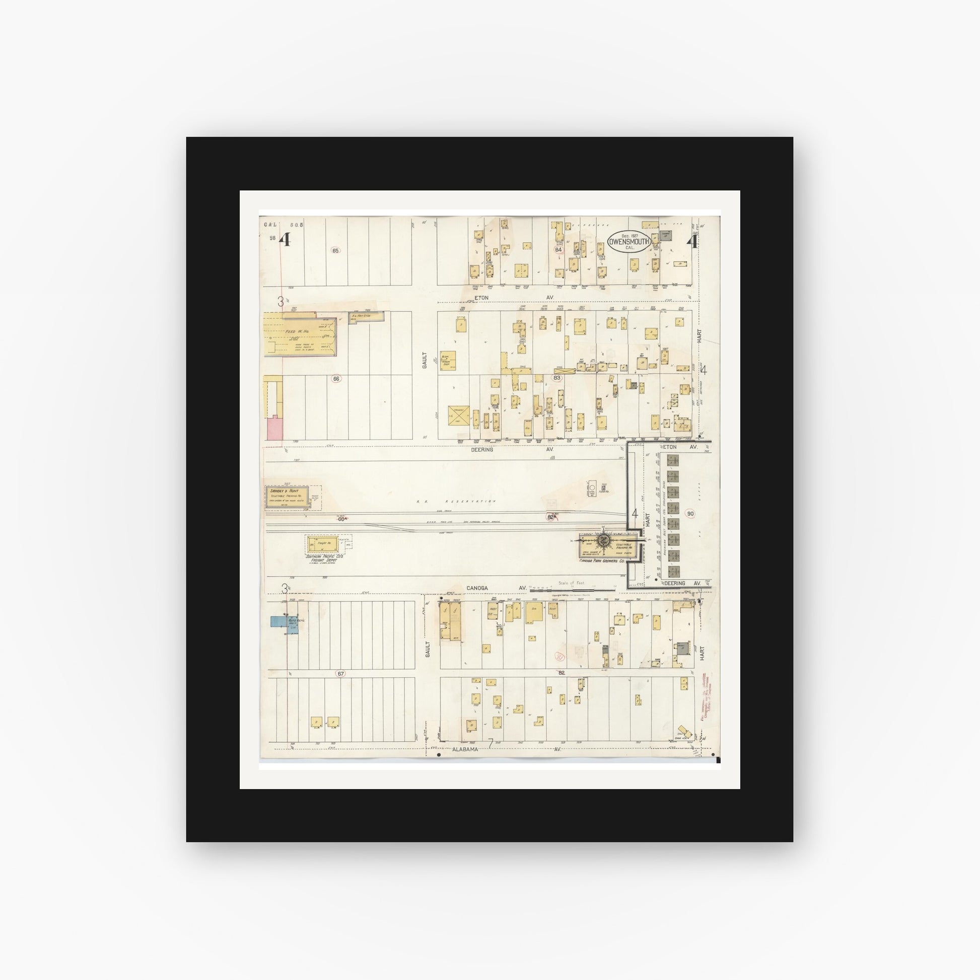 Old map wall art mockup — black gallery frame with white mat — Sanborn Fire Insurance Map from Canoga Park, Los Angeles County, California (1932), Sheet #0004