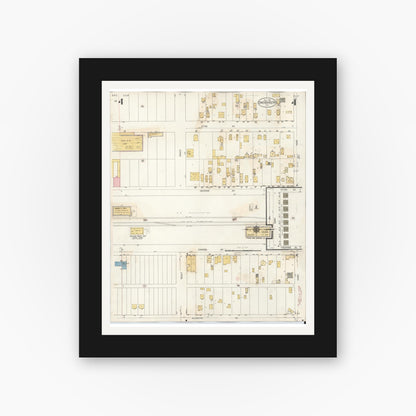 Old map wall art mockup — black gallery frame with white mat — Sanborn Fire Insurance Map from Canoga Park, Los Angeles County, California (1932), Sheet #0004