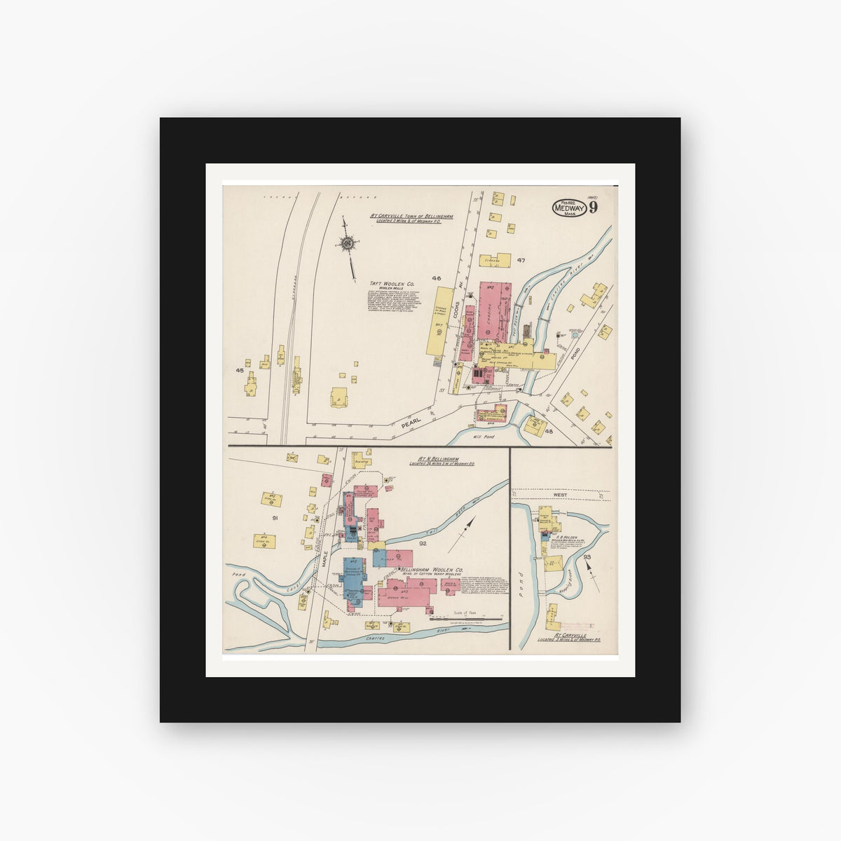 Old map wall art mockup — black gallery frame with white mat — Sanborn Fire Insurance Map from Medway, Norfolk County, Massachusetts (1922), Sheet #0009